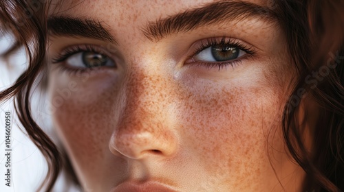 Intense close-up of a face featuring natural freckles and curly hair, highlighting skin texture and eye detail for beauty contexts. photo