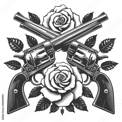 crossed revolvers adorned with roses. Tattoo design blending classic weaponry and floral motifs sketch engraving generative ai vector illustration. Scratch board imitation. Black and white image.