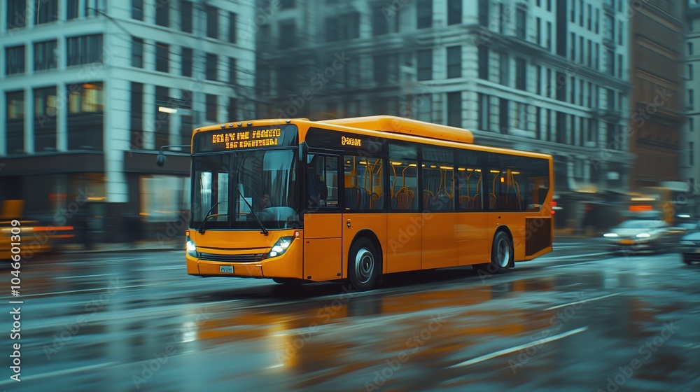 A yellow city bus speeds through a rain-soaked urban street, reflecting city lights off the wet pavement in motion. A yellow city bus speeds through a rain-soaked urban street, reflecting city lights off the wet pavement in motion.