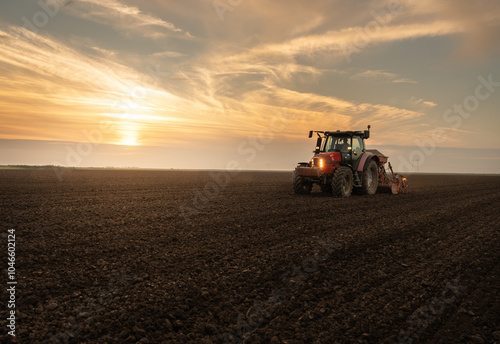 Farmer with tractor seeding in sunset