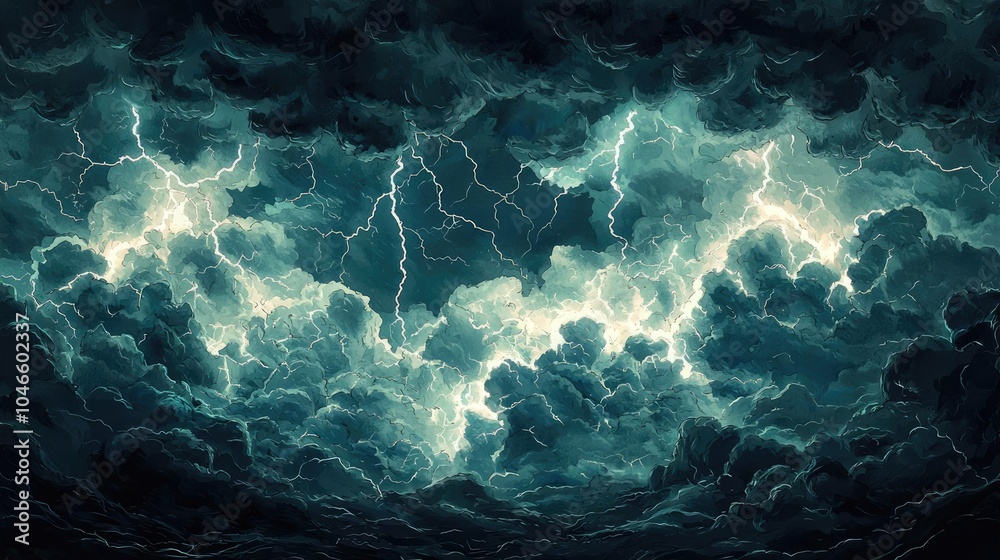 Dramatic storm clouds illuminated by bright lightning strikes.