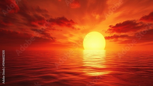 A fiery sunset over a calm ocean.