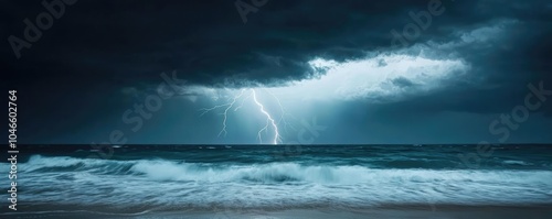 Dramatic lightning strikes over a turbulent ocean under dark storm clouds.