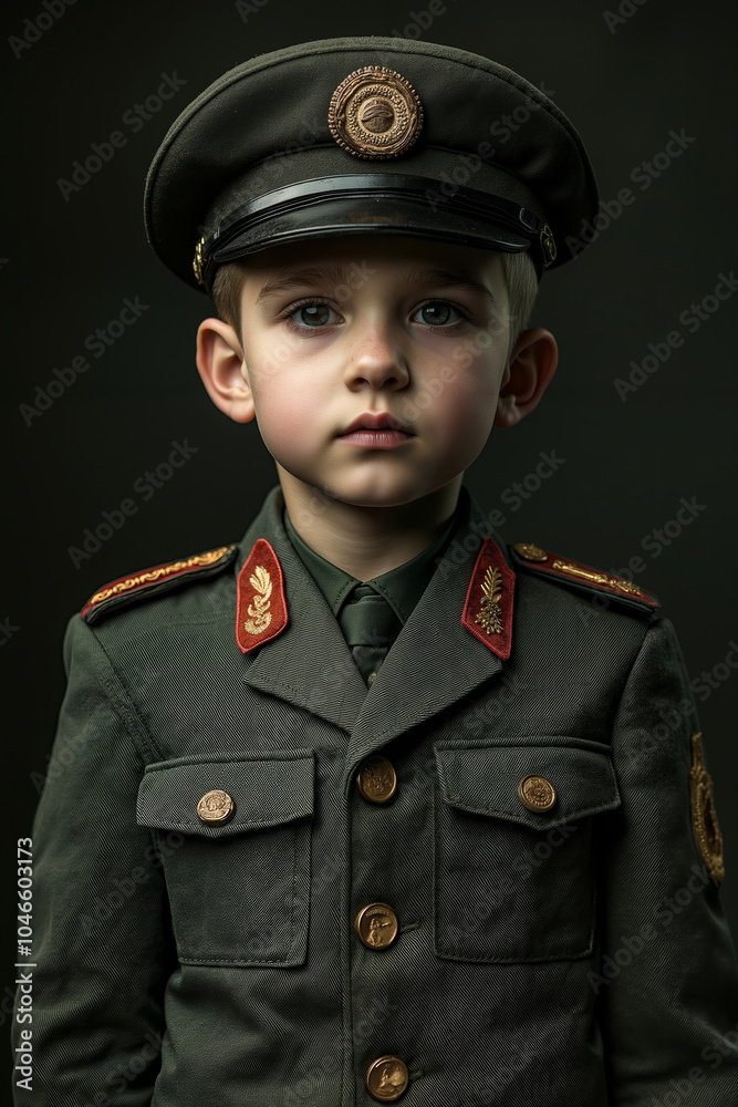 A young boy in a military uniform poses for a picture
