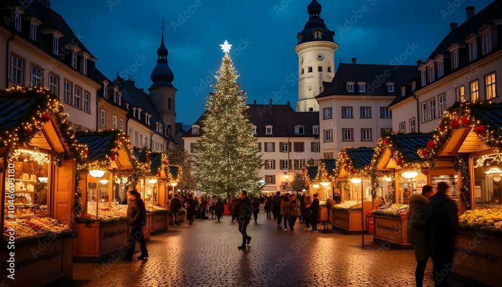 Fototapeta premium A stunning European town square adorned with a grand Christmas tree, twinkling festive lights, and bustling holiday market stalls. Ideal for adding seasonal text in the lower corner.