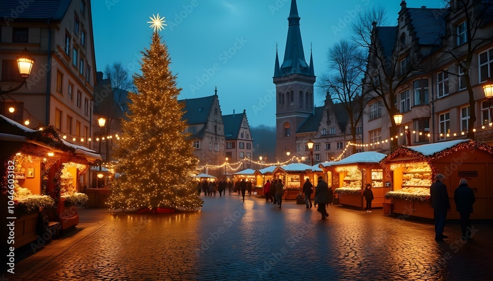 Obraz premium A stunning European town square adorned with a grand Christmas tree, twinkling festive lights, and bustling holiday market stalls. Ideal for adding seasonal text in the lower corner.