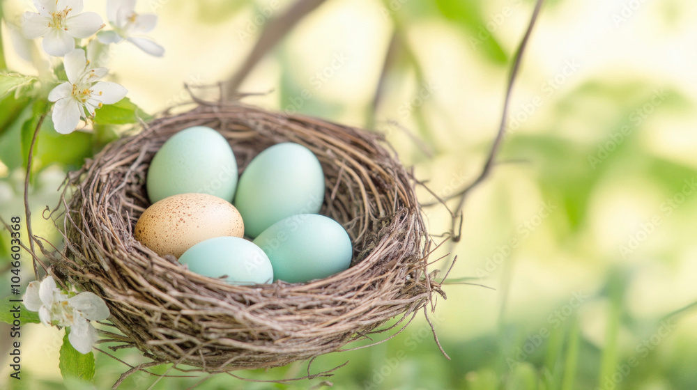 Bird nest holding five pastel blue and one brown eggs hanging from blooming tree branch Bird nest holding five pastel blue and one brown eggs hanging from blooming tree branch