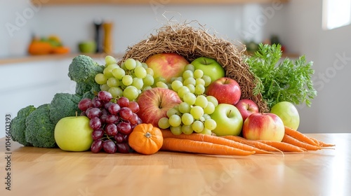 Fototapeta Naklejka Na Ścianę i Meble -  A vibrant cornucopia overflowing with an assortment of fresh fruits and vegetables including apples, grapes, carrots, and squash, arranged elegantly on a polished wooden table. The backdrop features