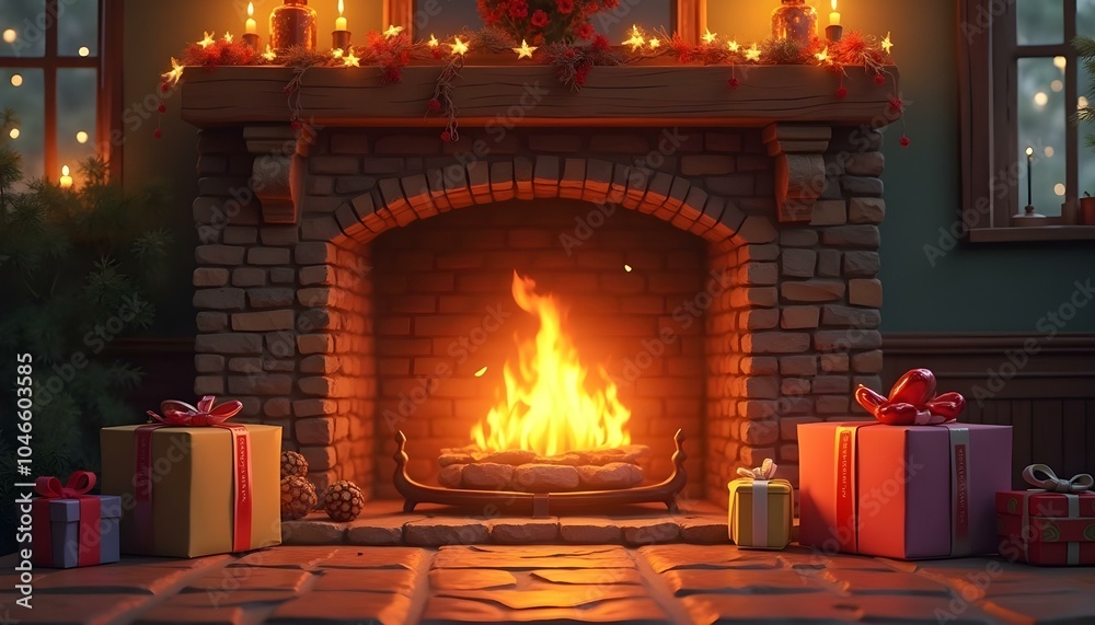 A warm animation of a cozy fireplace with colorful presents arranged on either side, creating a festive atmosphere and leaving space for text above the mantel. A warm animation of a cozy fireplace with colorful presents arranged on either side, creating a festive atmosphere and leaving space for text above the mantel.