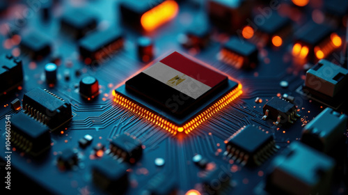 A microprocessor with the Egypt flag is embedded on a circuit board, highlighted by glowing lights, showcasing influence in global semiconductor and computing technology.