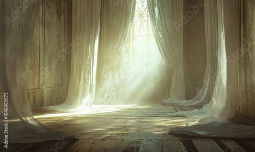 Dusty room with curtains and sunlight streaming in.