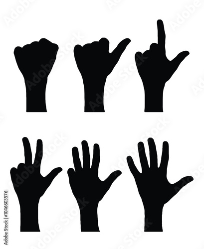 Set of hand gestures vector. Hands showing various numbers and signs, often used in counting, sign language, instructional designs, and visual communication.