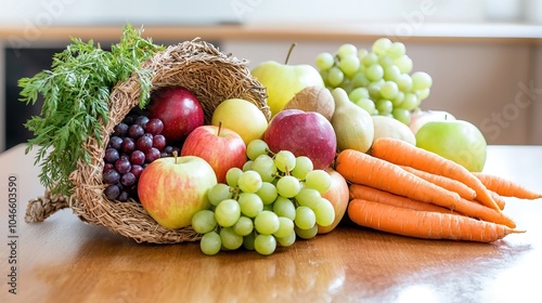 Fototapeta Naklejka Na Ścianę i Meble -  A vibrant cornucopia overflowing with an assortment of fresh fruits and vegetables including apples, grapes, carrots, and squash, arranged elegantly on a polished wooden table. The backdrop features