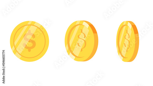 Set of rotating gold dollar coins isolated on a white background