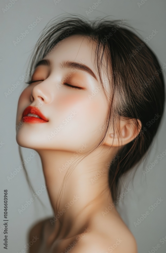 Fototapeta premium an Asian woman with her eyes closed, featuring clear and flawless skin on the front half of her face. She has delicate features and is wearing light makeup