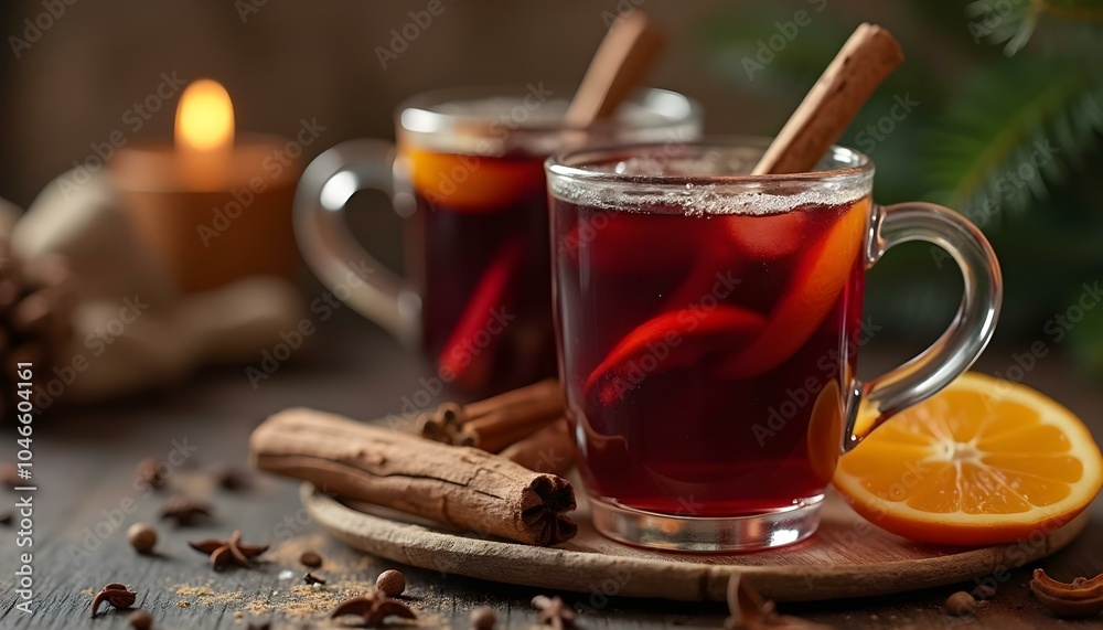 A cozy scene featuring a glass of mulled wine, rich with spices and a slice of orange, complemented by aromatic cloves. Perfect for adding a warm holiday message or recipe at the bottom. A cozy scene featuring a glass of mulled wine, rich with spices and a slice of orange, complemented by aromatic cloves. Perfect for adding a warm holiday message or recipe at the bottom.