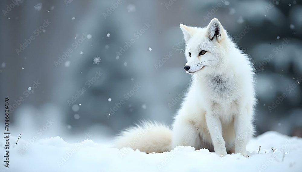 Fototapeta premium A graceful snowy white fox sits elegantly in a serene snowy landscape, surrounded by soft white snow and hints of pine trees in the background. Perfect for adding an inspirational quote at the bottom