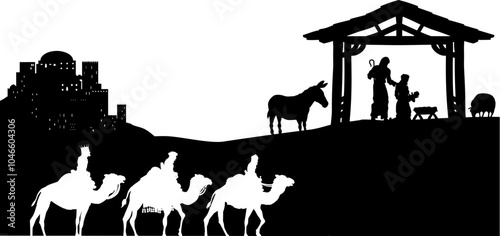 A Christmas nativity scene with baby Jesus in the manger, wise men and city of Bethlehem in the background
