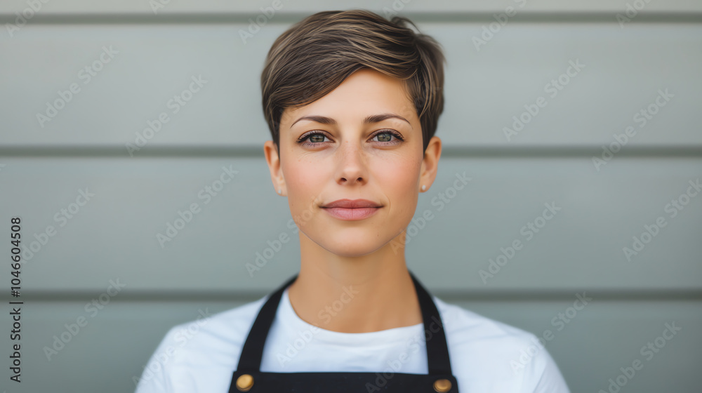 Confident woman in apron standing against a grey background, portraying professionalism and approachability in a modern work environment. Confident woman in apron standing against a grey background, portraying professionalism and approachability in a modern work environment.