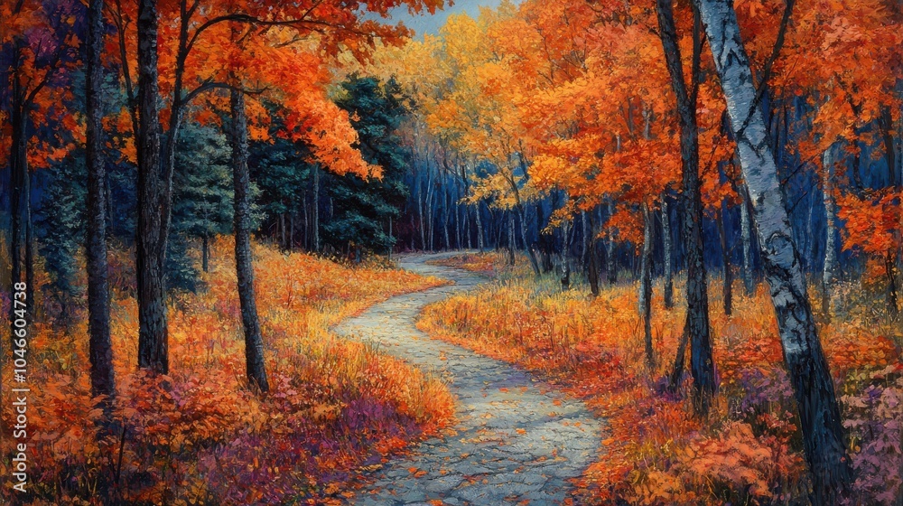 A meandering path through a vibrant autumn forest. A meandering path through a vibrant autumn forest.