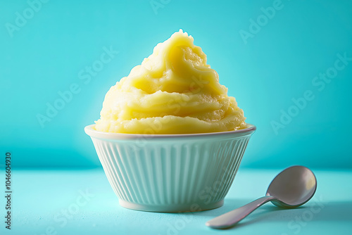 A bowl of mashed potatoes with a spoon on a blue background photo