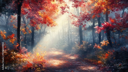 A misty forest path illuminated by rays of sunlight filtering through colorful leaves.