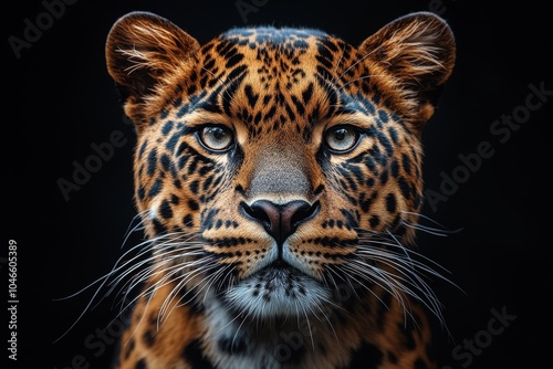 Black Panther with Leopard Spots on Its Face, Looking Straight into the Camera, Front View Portrait Against a Black Background, Hyper-Realistic Photography 