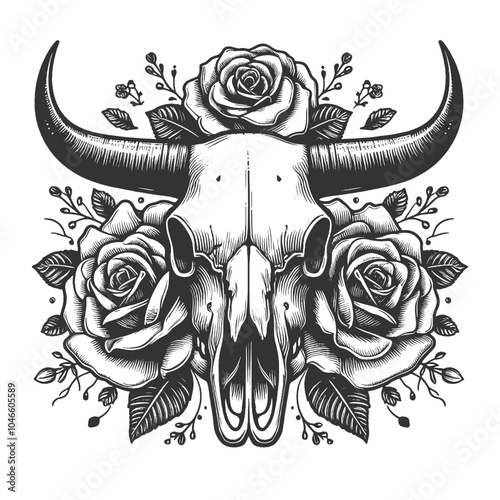 bull skull adorned with roses and leaves, combining floral and western tattoo art elements sketch engraving generative ai vector illustration. Scratch board imitation. Black and white image.