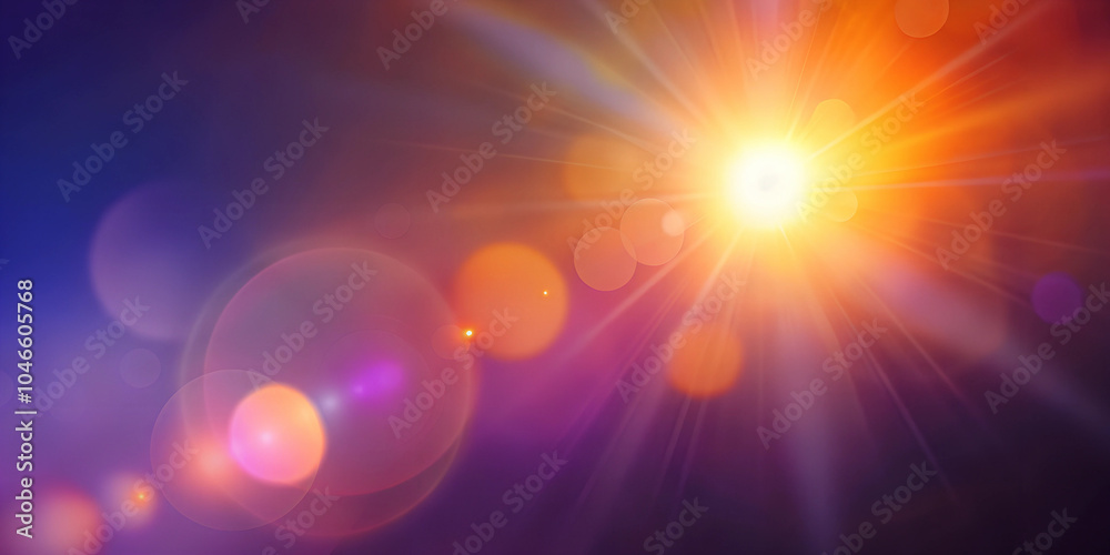 Fototapeta premium Bokeh sunlight glare leak. Defocused orange purple white light abstract background. Blur glow overlay surface. Lens flare filter. Copy space.