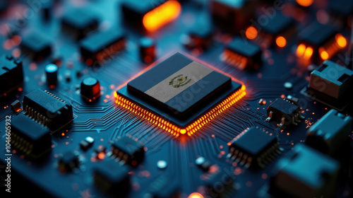 A microprocessor with the Guatemala flag is embedded on a circuit board, highlighted by glowing lights, showcasing influence in global semiconductor and computing technology.