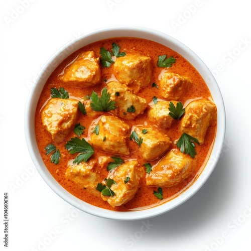 Delicious chicken curry in a bowl garnished with fresh parsley on a white background.