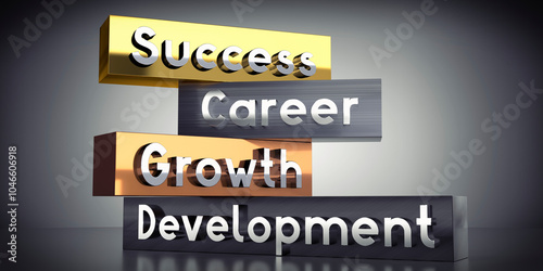 Success, career, growth, development - words on metal blocks - 3D illustration