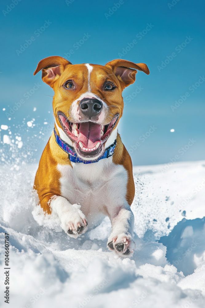Happy dog running through snow in winter Happy dog running through snow in winter