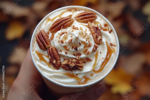 Latte with whipped cream caramel and pecans in hand for autumn dessert drink