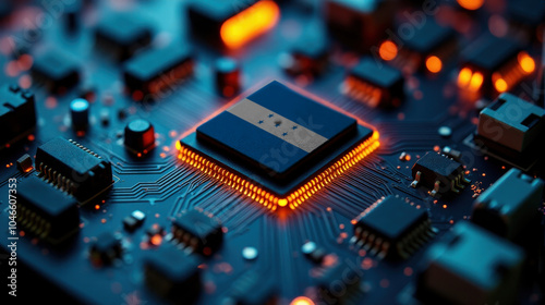 A microprocessor with the Honduras flag is embedded on a circuit board, highlighted by glowing lights, showcasing influence in global semiconductor and computing technology.