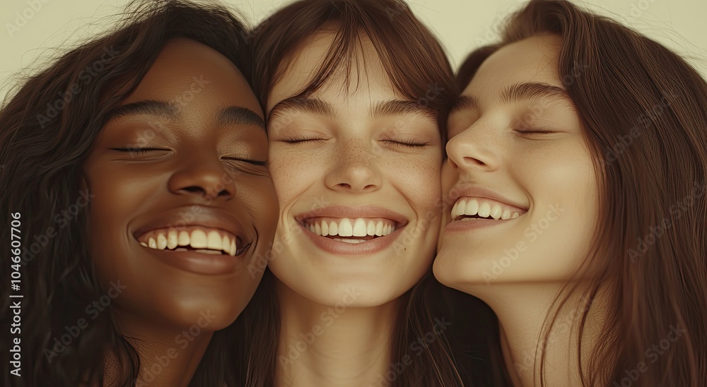 Fototapeta premium Three women of diverse backgrounds smile, each with a beautiful skin tone and natural-looking makeup