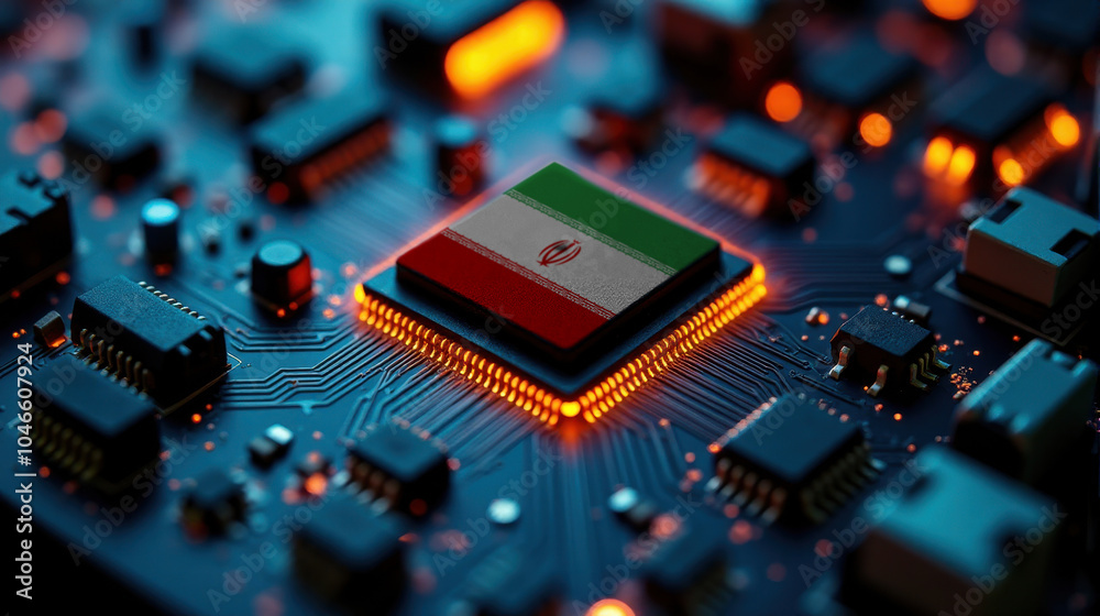 A microprocessor with the Iran flag is embedded on a circuit board, highlighted by glowing lights, showcasing influence in global semiconductor and computing technology. A microprocessor with the Iran flag is embedded on a circuit board, highlighted by glowing lights, showcasing influence in global semiconductor and computing technology.