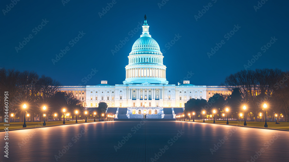 Fototapeta premium Illuminated Capitol building at night with vibrant lights reflecting on the water, showcasing an iconic symbol of democracy and governance.