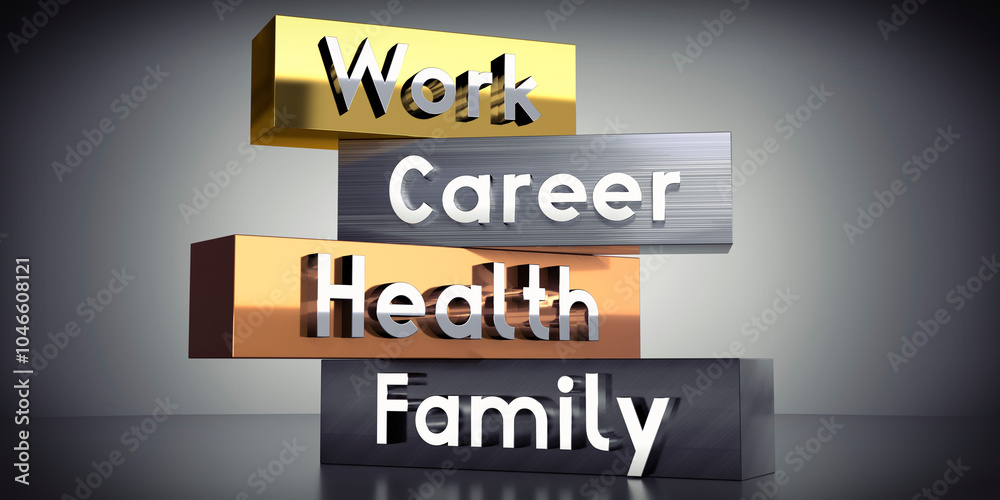 Work, career, health, family - words on metal blocks - 3D illustration Work, career, health, family - words on metal blocks - 3D illustration