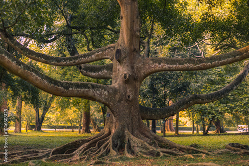 A majestic tree with sprawling branches and large, exposed roots stands in the Royal Botanic Gardens, Peradeniya, Kandy. Perfect for themes of nature, tranquility, and scenic outdoor landscapes in Sri photo