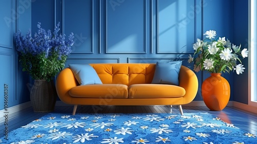 A cozy living area features an orange sofa adorned with blue cushions, surrounded by vibrant plants and a cheerful floral rug that brightens the space