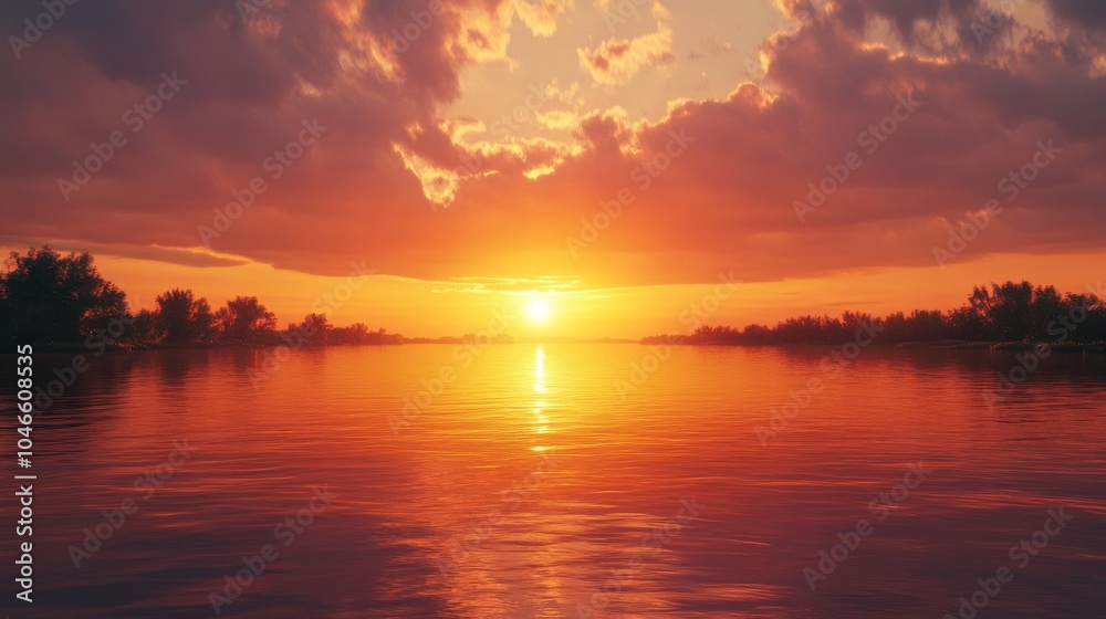 A deep orange sunset over a calm river. A deep orange sunset over a calm river.