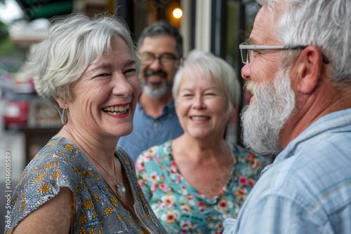 Group of happy senior friends having fun together at a coffee shop.