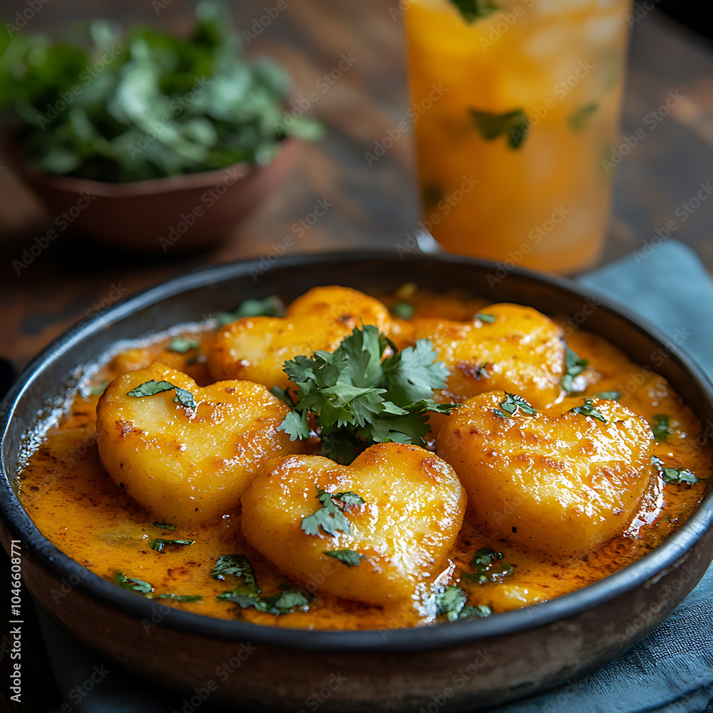 Delight in vibrant presentation of heart shaped Aloo Tama, beautifully garnished with fresh cilantro, served in rustic bowl. This dish is perfect for sharing love and flavor Delight in vibrant presentation of heart shaped Aloo Tama, beautifully garnished with fresh cilantro, served in rustic bowl. This dish is perfect for sharing love and flavor