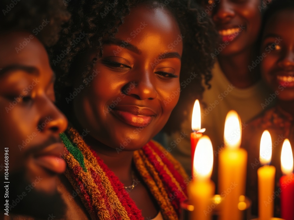 Family gathered around festive candles, focusing on the mother smiling warmly with glowing candlelight in the foreground Family gathered around festive candles, focusing on the mother smiling warmly with glowing candlelight in the foreground