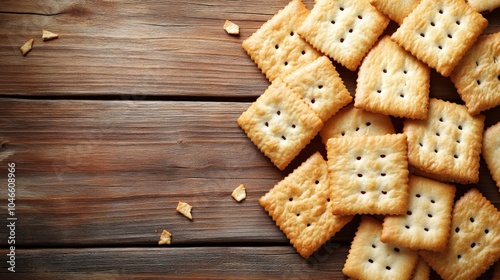 A close-up of square crackers scattered on a brown wooden table.