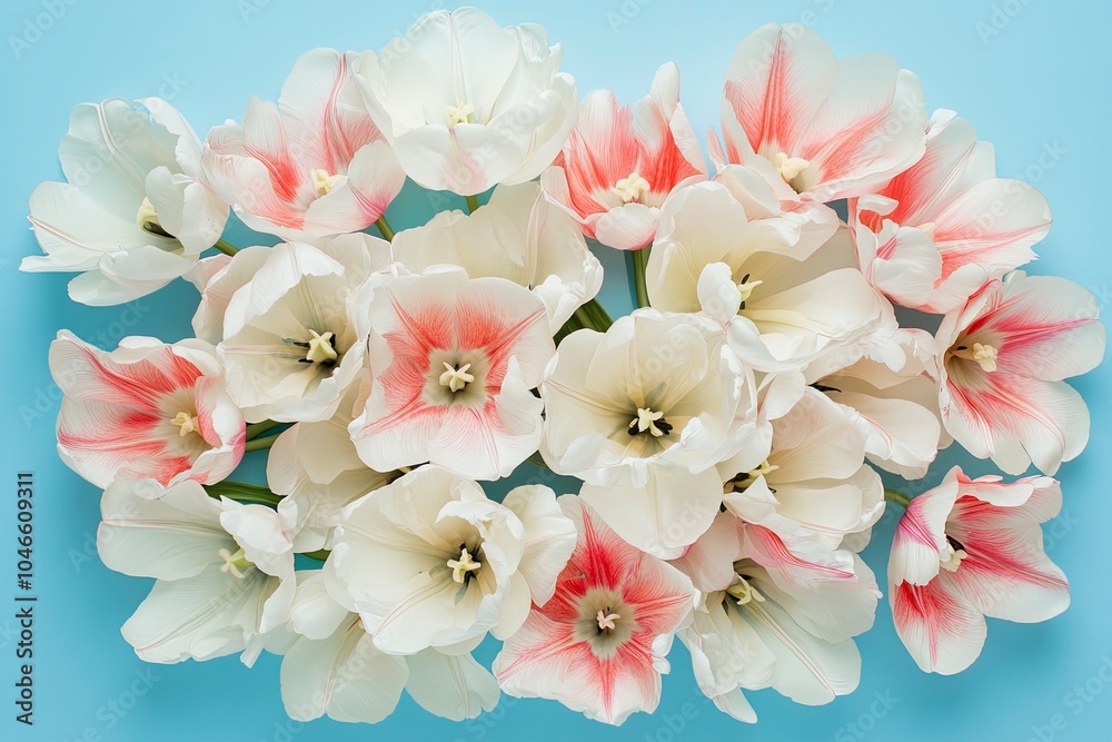 Mother's Day concept. Top view photo of bouquet of white and pink tulips on isolated pastel blue background with copyspace with generative ai Mother's Day concept. Top view photo of bouquet of white and pink tulips on isolated pastel blue background with copyspace with generative ai