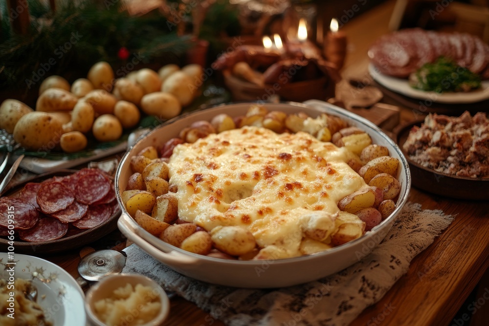 Baked potatoes with cheese sauce in rustic dining setting for festive meal Baked potatoes with cheese sauce in rustic dining setting for festive meal