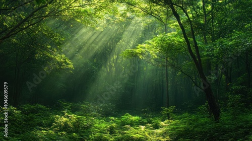 Sunbeams Illuminating a Lush Forest