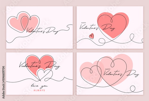 Valentines day card. Hearts continuous one line. Red hearts in one line sketch style, Love and care, Valentines day concept. Simple heart linear design isolated vector set.
